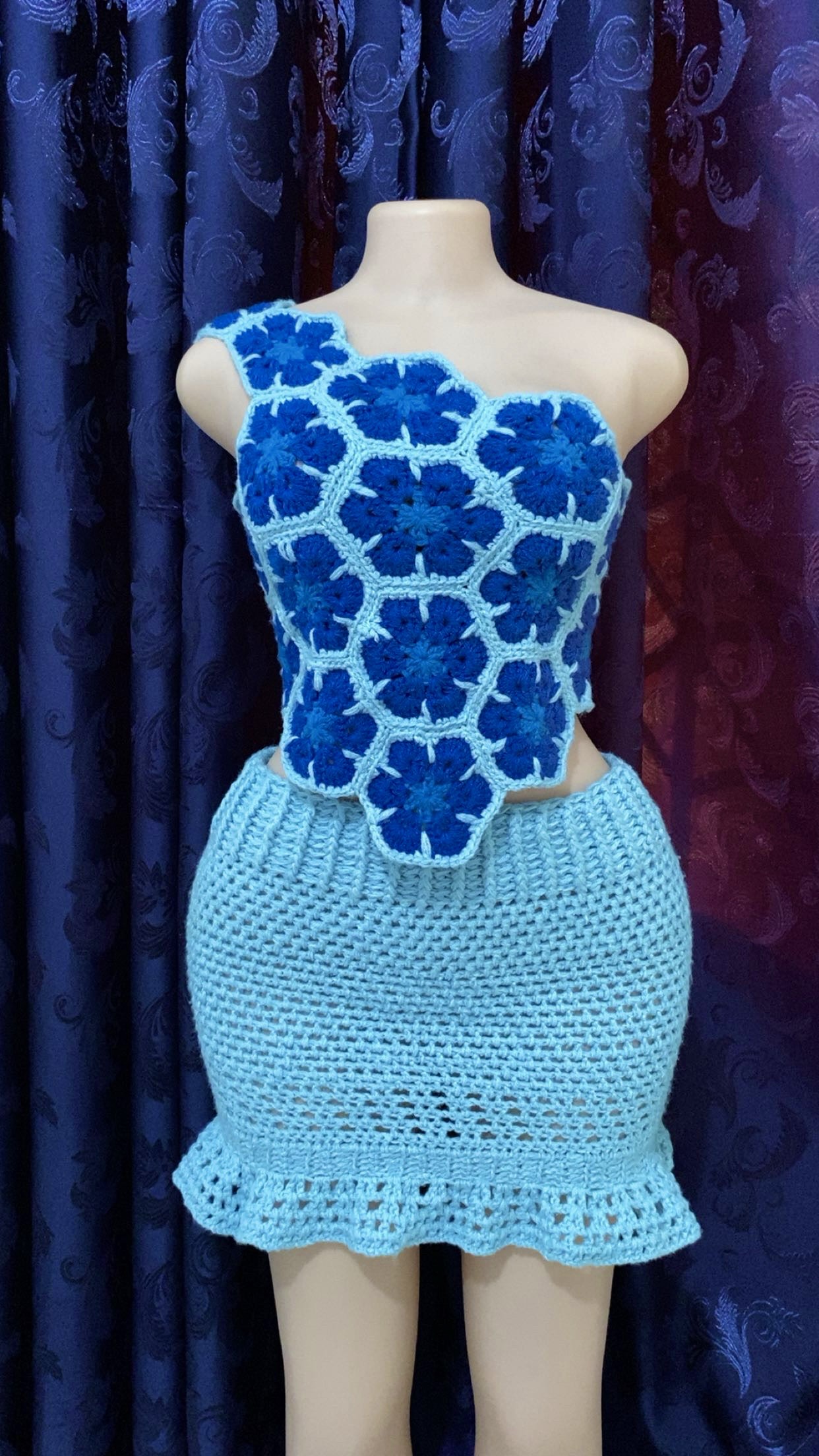 Blue crochet two-piece outfit